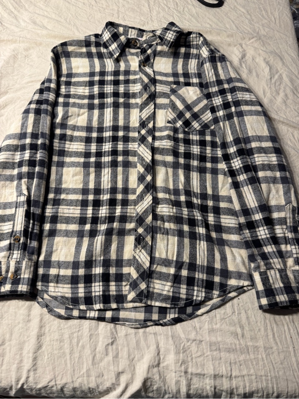 Distortion Boys Plaid Flannel Shirt Size M 10-12 Black Cream Button Down